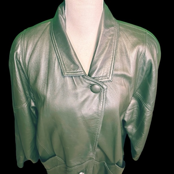 Synergy Vintage Y2K Forest Green 100% Leather Longline Button Front Coat Size L - Picture 3 of 16